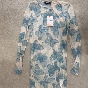 Missguided Butterfly Print Long Sleeve Crew Neck Mini Dress